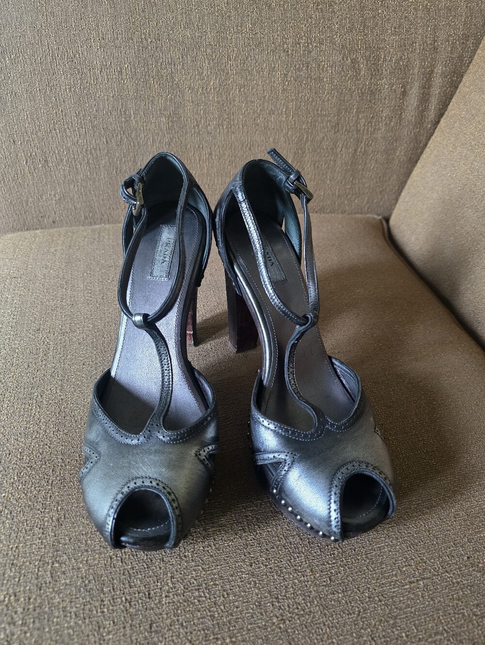 Prada Pewter Peep-Toe T-Strap High Heels